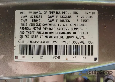 2010 Honda Accord 2.4 Lx-P z USA, uszkodzony, nr VIN 1HGCP2F43AA099327